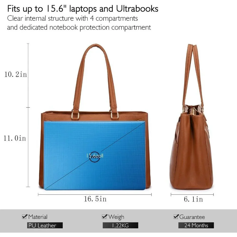 Laptop Tote Bag Waterproof PU Leather 15.6 Inch Women Business Work